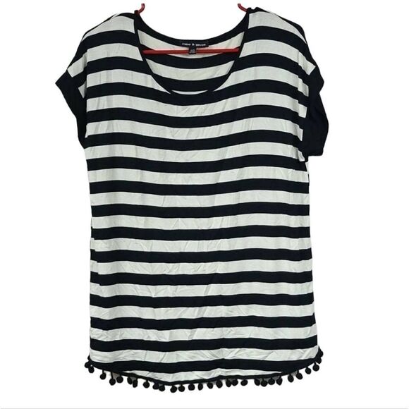 Cable & Gauge Black White Stripe Pom Pom Top Dolman Sleeve Luxe Softness Blouse - Picture 1 of 9